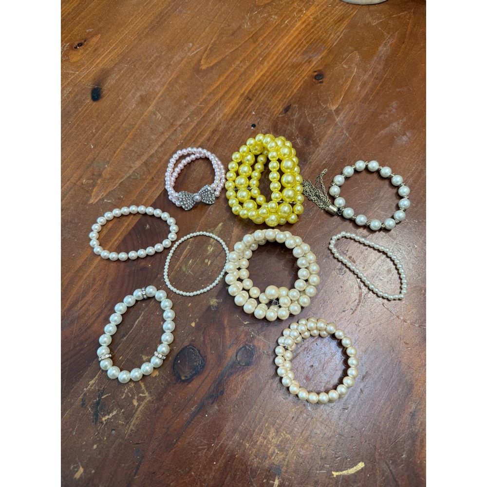 Mixed Faux Pearl Bracelet Lot of 9 Pink Yellow White Rhinestone Bow Tassel Wrap
